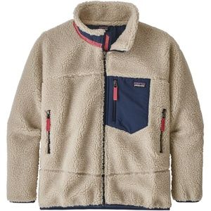 Patagonia Beige Sherpa Fleece Jacket with Navy & Pink Accents